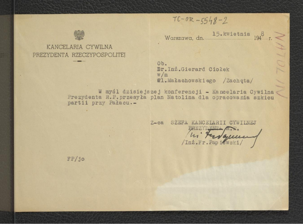 korespondencja z Kancelarii Cywilnej Prezydenta Rzeczypospolitej w kontekście wykonania planu Ntaolina dla opracowania szkicu partii przy pałacu, skan 1