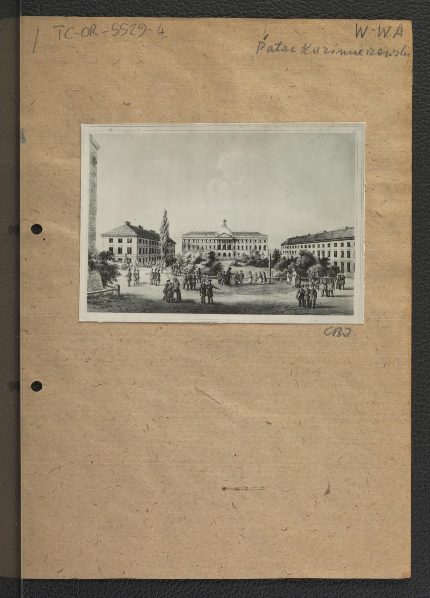 2 fotografie czarno-białe przedstawiające reprodukcje ryciny widoku na Pałac Kazimierzowski z 1824 r.        , skan 3