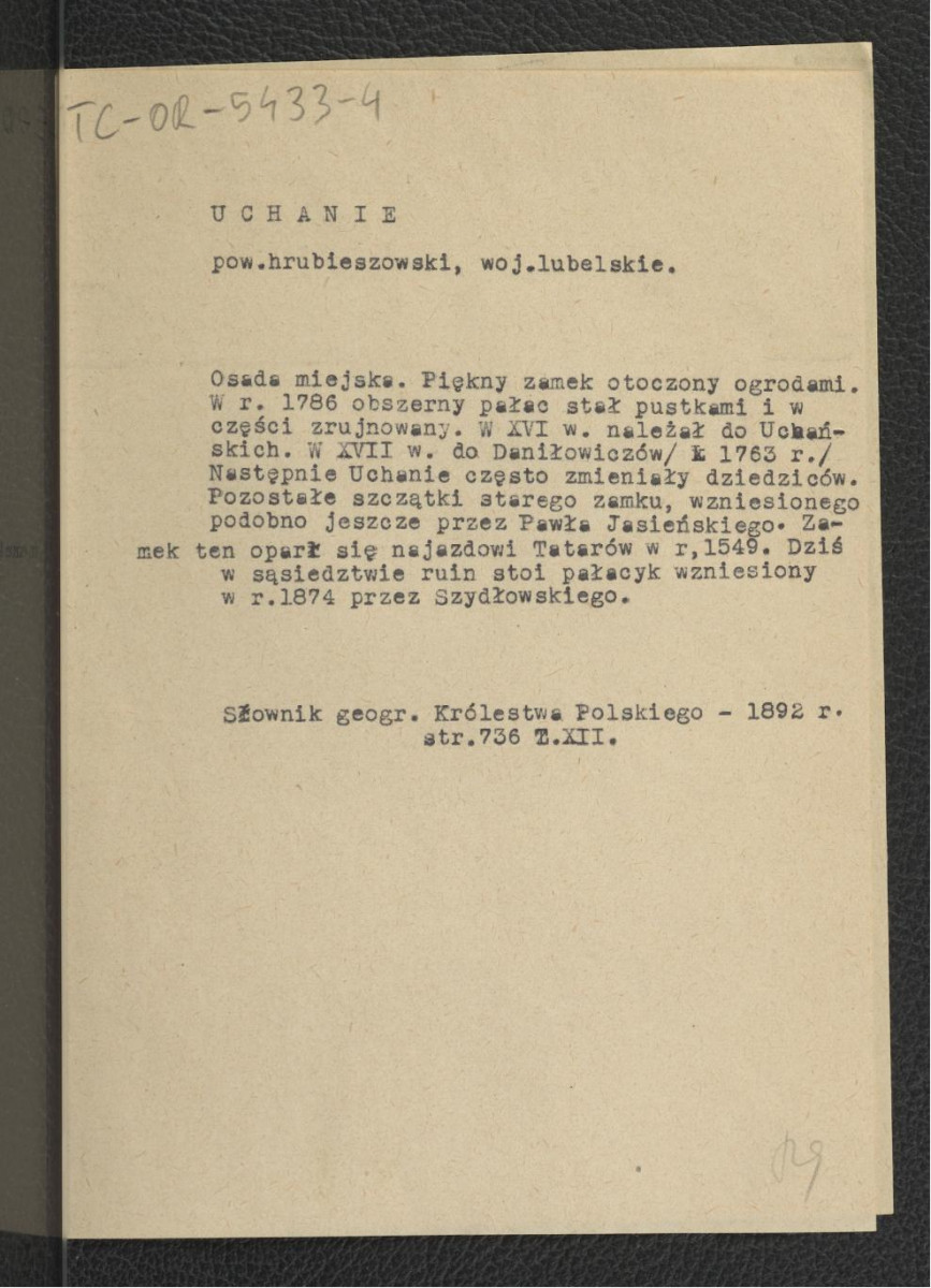 wypis z Słownik Geograficzny Królestwa Polskiego   t. XII, s. 736 dotyczący osady miejskiej, tamtejszego zamku, pałacu z 1786 r., ogrodów oraz pałacyku wzniesionego w roku 1874; dwie karty                          , skan 1