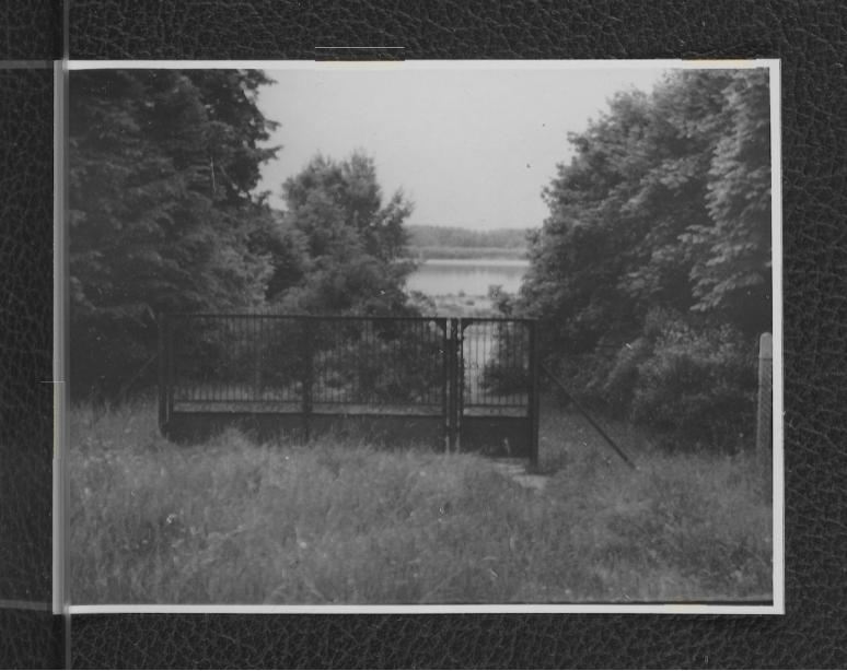 fotografia czarno-biała przedstawiająca fragment miejscowego parku oraz Wisłę, skan 1