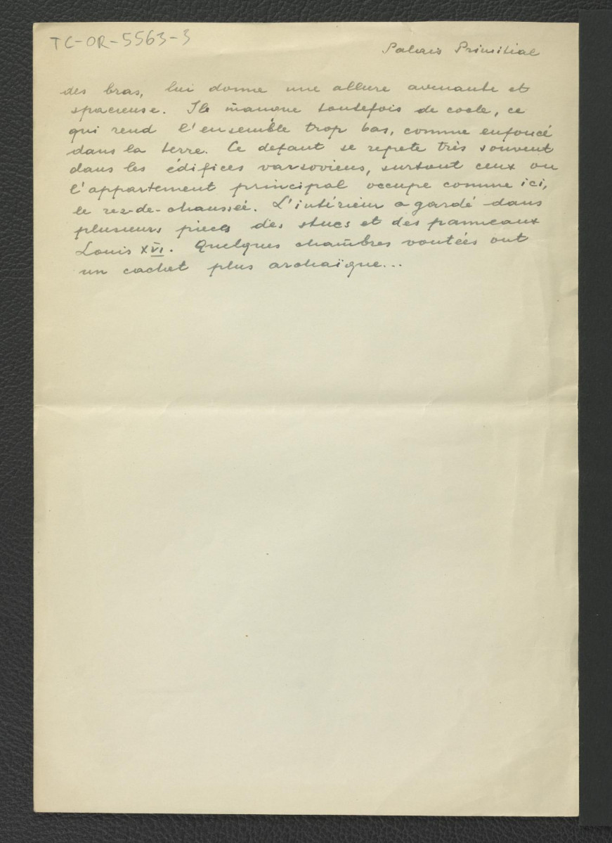 wypis z Przeździecki A., Varsovie, Warszawa 1924, s. 165 zawierający francuskojęzyczny tekst dotyczący historii miejscowego pałacu; dwie karty                                         , skan 2