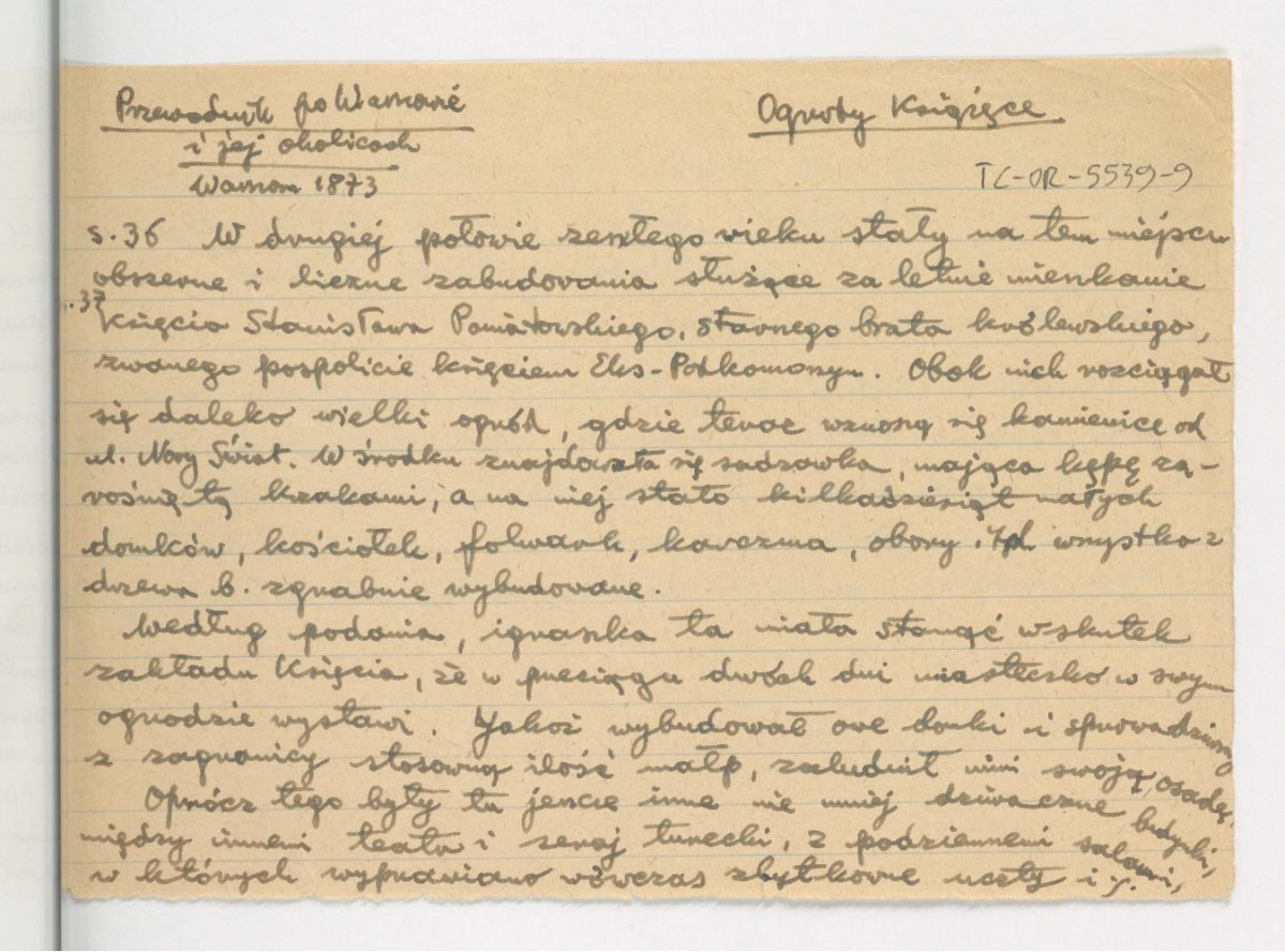 wypis z Chodorowicz I., Fryze F., Przewodnik po Warszawie i jej okolicach, Warszawa 1873, s. 36 charakteryzująca tamtejszy obszar i znajdujące się tam obiekty: kościół, karczmę etc. , skan 1