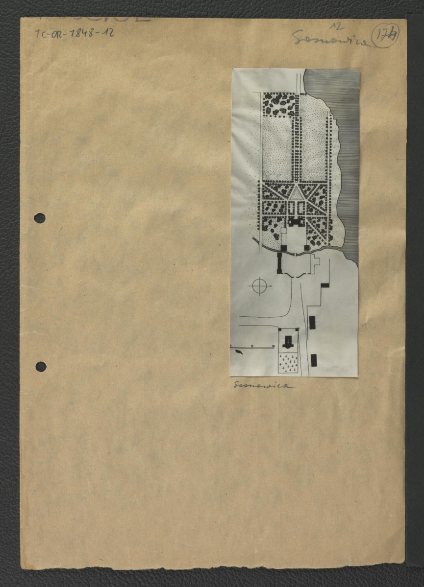 3 fotografie czarno-białe przedstawiające plan miejscowego ogrodu w tej miejscowości w 1914 r. - Ciołek G., Ogrody polskie, Warszawa 1954, s. 89 , skan 1