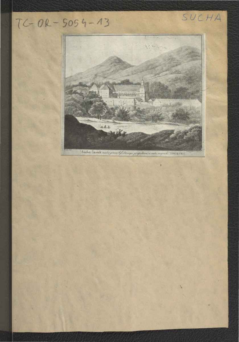 reprodukcja ryciny przedstawiającej miejscowy zamek widoczny między górami, skan 1