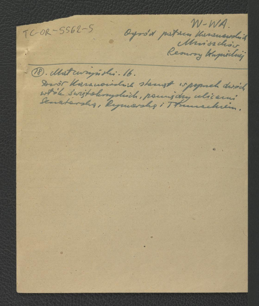 wypis z Małcużyński, Inwentarz z 1708 r., s. 16 wzmiankujący dwór Kazanowskich znajdującego się w poprzek dwóch włók świętokrzyskich pomiędzy ulicami Senatorską, Rymarską i Tłomackiem , skan 1