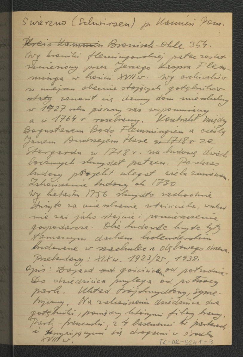 wypis z Bronisch-Ohle 354 dotyczący dziejów miejscowego pałacu w końcu XVII w. z inicjatywy Jerzego Kaspra Fleminga oraz układu tamtejszego parku francuskiego , skan 1