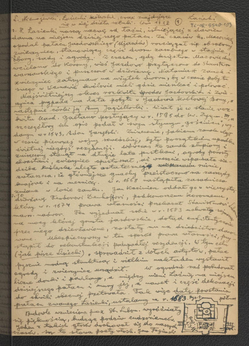 wypis z Niemojewski L., Łazienki królewskie…, Warszawa 1922, s. 8-15; trzy karty , skan 1