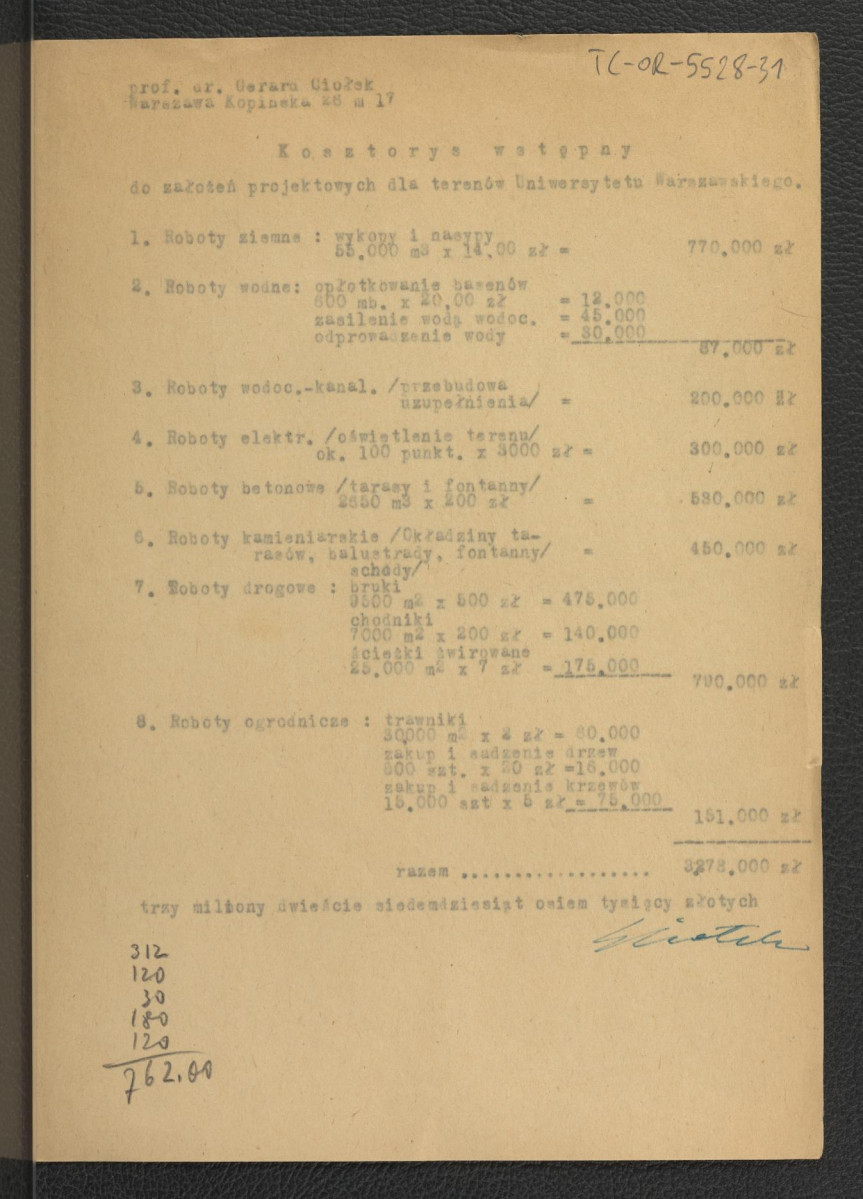 prawdopodobnie pierwsza wersja kosztorysu wstępnego do założeń projektowych dla terenu Uniwersytetu Warszawskiego; trzy karty, skan 1