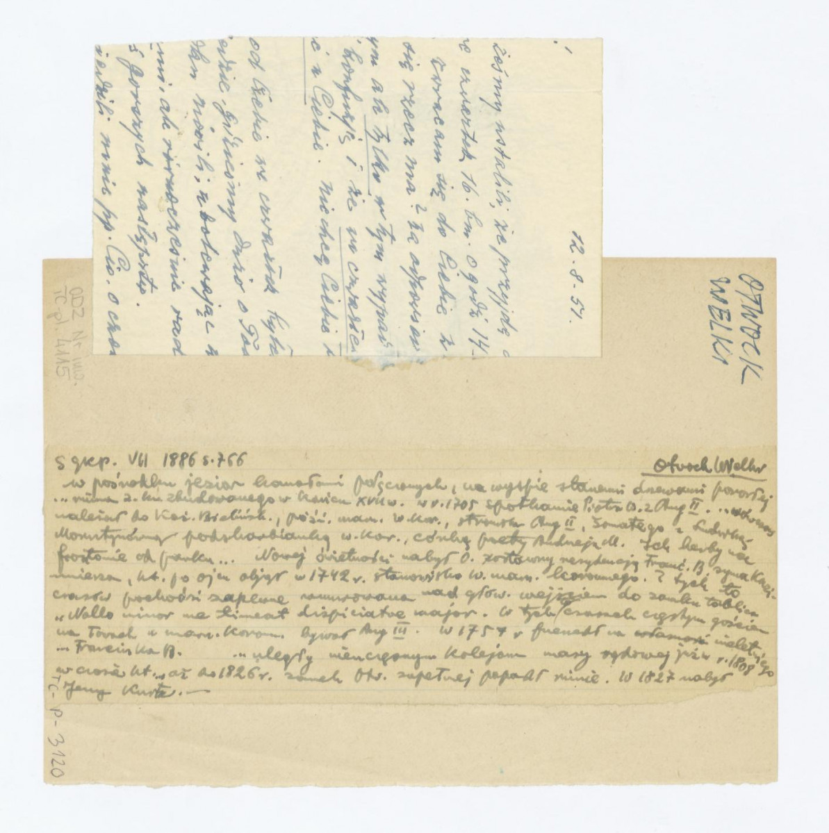 szkicowy plan sytuacyjny i widok pałacu od ogrodu. Napisy: Stolica 14/15 /177/8/  1950 s. 7; plan z końca XVII w. na podkładzie opis ogrodu w Otwocku Wielkim z SGKP. VII. 1886 s. 766, skan 2