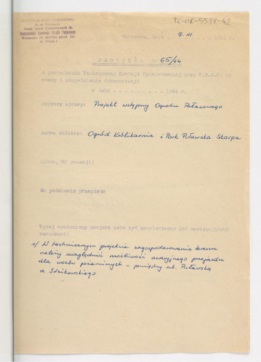 kopiał protokołu nr 65/64 z 7 marca 1964 r. z posiedzenia Technicznej Komisji Opiniotwórczej przy Warszawskiej Komendzie Straży Pożarnej do oceny i uzupełnienia projektu wstępnego ogrodu Królikarnia i parku Puławska Skarpa , skan 1