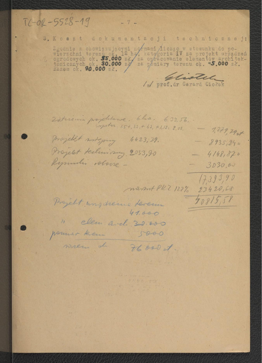 kopia rachunku nr 1/UW z 20 czerwca 1952 r. za opracowanie zgodnie z umową z 30 maja 1952 r. oraz wersja robocza założeń projektowych dla terenów Uniwersytetu Warszawskiego autorstwa G. Ciołka; rachunek-1 karta, założenia-7 kart, skan 9