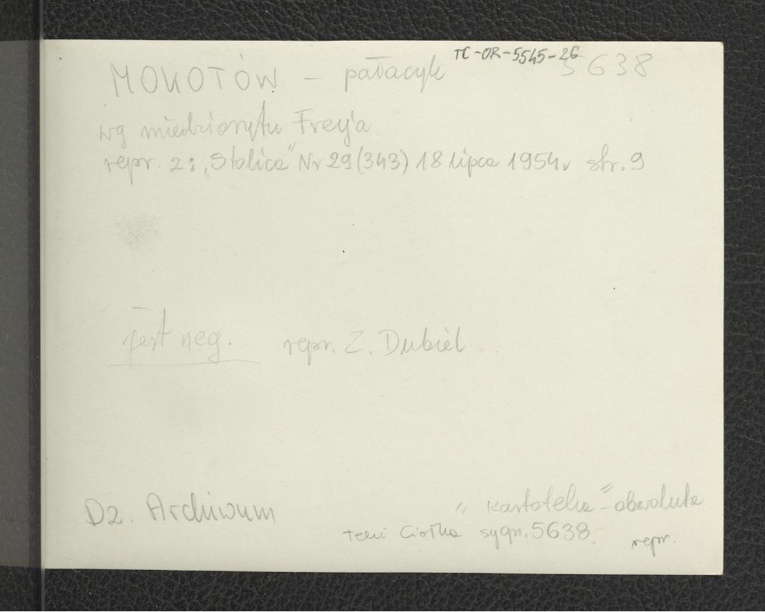 fotografia czarno-biała reprodukcji ryciny na podstawie miedziorytu Freya zamieszczona w „Stolica” nr 29 (343) z 18 lipca 1954 r., a ukazująca pałacyk mokotowski, skan 2