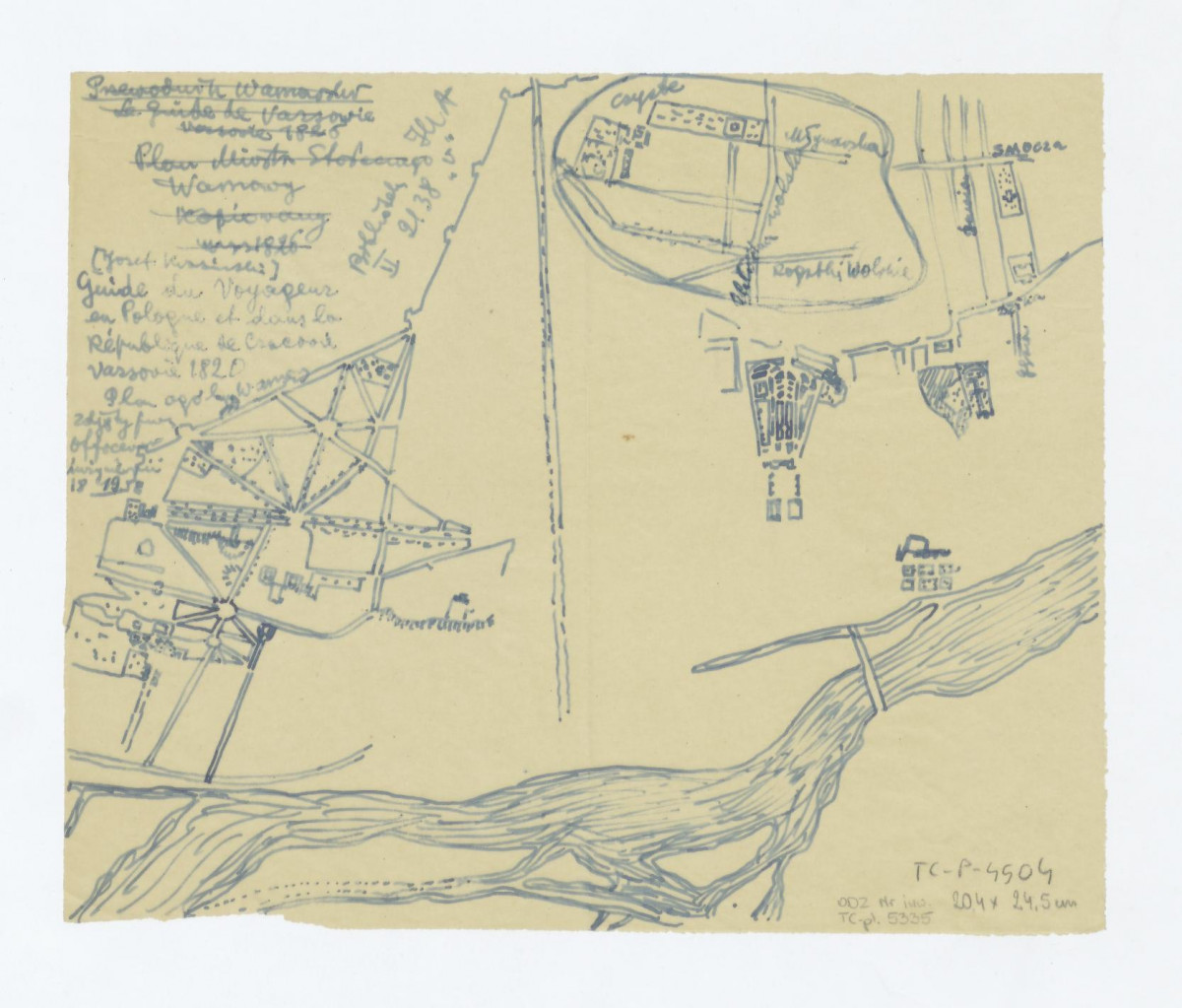 plan ogólny  Warszawy zdjęty przez oficerów inżynierii w 1819 roku. Przerys z Józef Krasiński, Guide du Voyageur en Pologne et dans la Republique de Cracovie, Varsovie 1820, skan 1