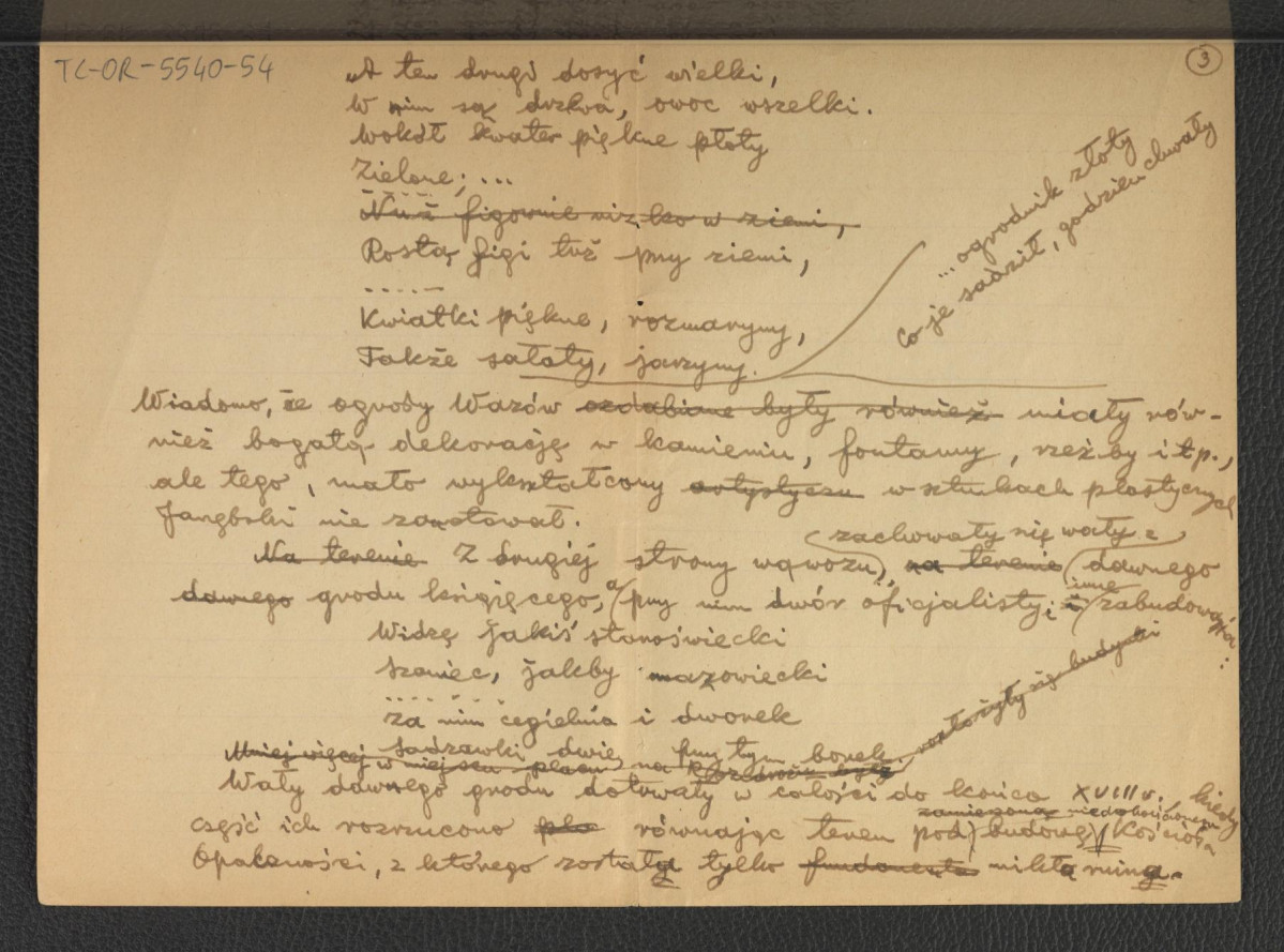 tekst, prawdopodobnie autorstwa G. Ciołka, dotyczący początków ogrodu w Łazienkach; piętnaście kart , skan 4