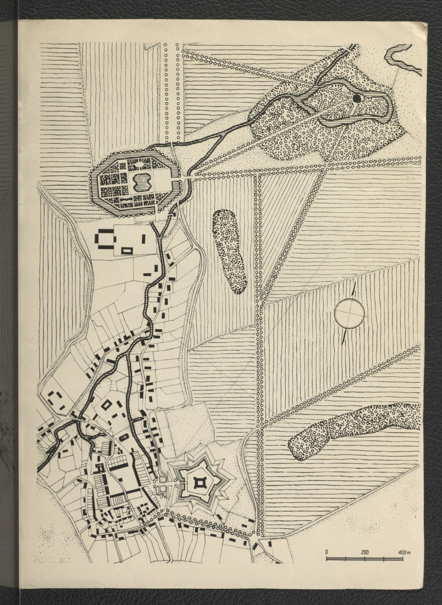 projekt założenia ogrodowo-urbanistycznego przy miejscowym zamku w roku 1780 zamieszczonego w w Ciołek G., Ogrody polskie, Warszawa 1954, s. 107                      , skan 2