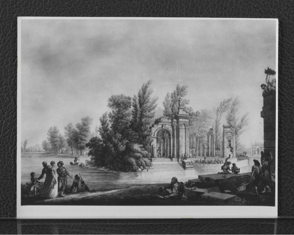 2 fotografie czarno-białe reprodukcji akwarelii autorstwa Zygmunta Vogla ukazaującej Teatr na Wyspie , skan 1