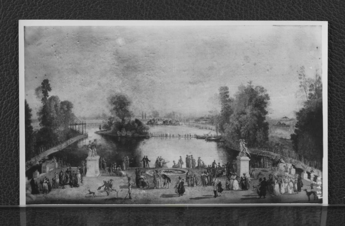 fotografia czarno-biała reprodukcji akwarelii autorstwa J. T. Norblina z 1789 r. ukazaującej widok z tarasu pałacowego na staw  , skan 1