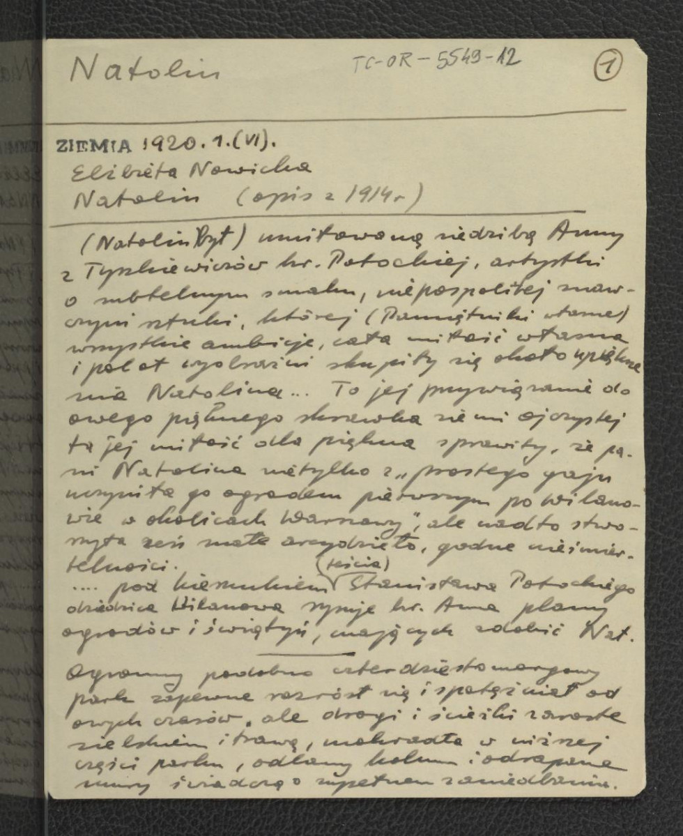 wypis z artykułu autorstwa Elżbiety Nowickiej pt. Natolin w "Ziemia" 1 (VI) 1920, skan 1