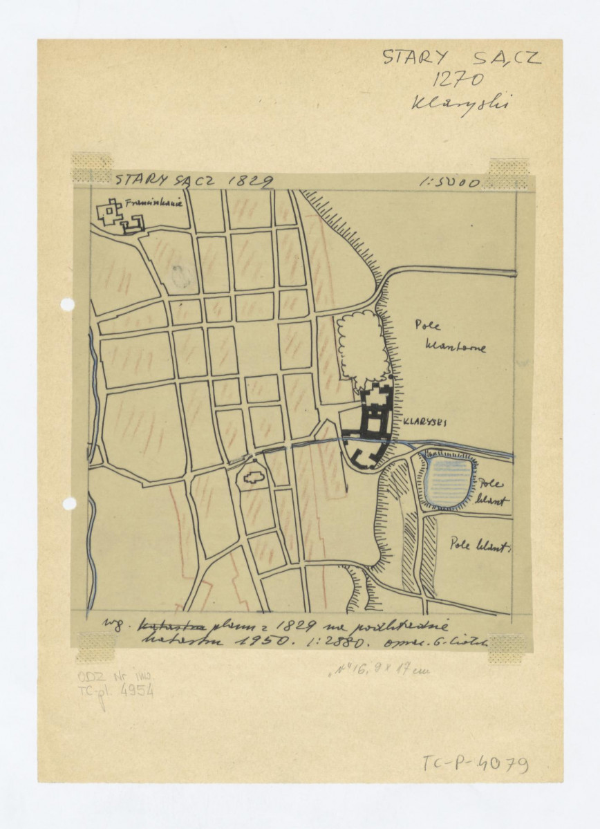 plan sytuacyjny klasztoru i terenów otaczających /według planu z 1829 na podkładzie katastru 1950 1:2880  opracowanie Gerard Ciołek, skan 1