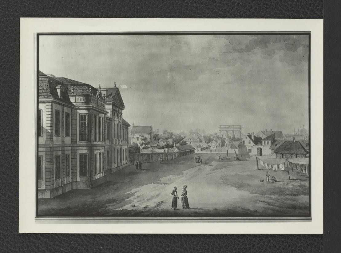 3 fotografie czarno-białe akwarelii autorstwa Z. Vogla i wedut autorstwa Bernardo Belotto ukazujące plac Żelaznej Bramy i Pałac Lubomirskich , skan 1