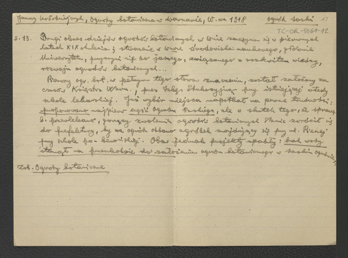 wypis z Kołodziejczyk J., Ogrody botaniczne w Warszawie, Warszawa 1918, s. 13 dotyczący ogrodów botanicznych tego miasta w pierwszych dekadach XIX w. , skan 1