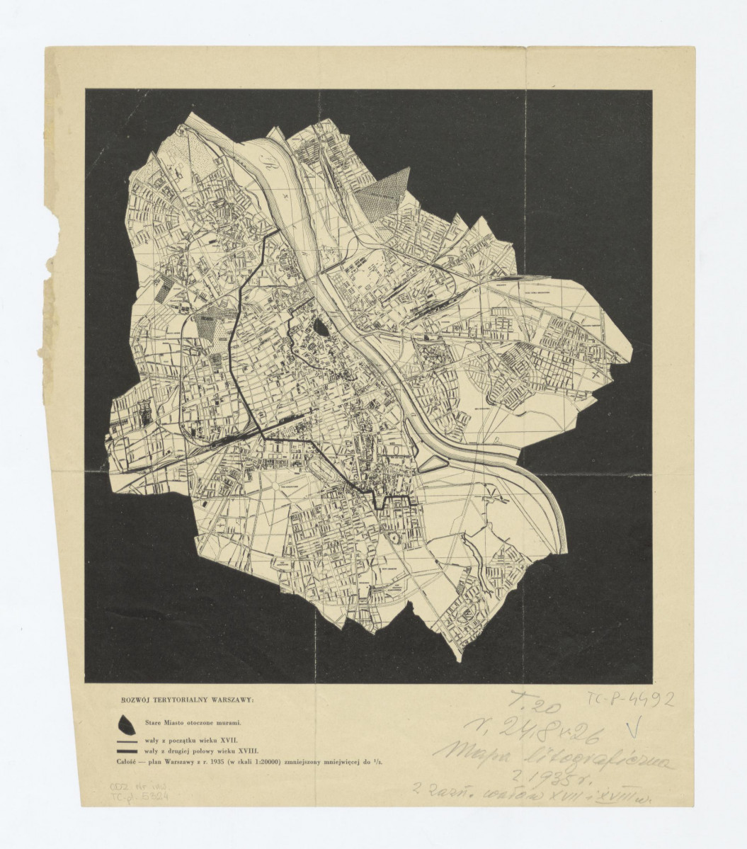 plan rozwoju Warszawy z zaznaczeniem wałów XVII i XVIII w. na podkładce mapy z roku1935, skan 1