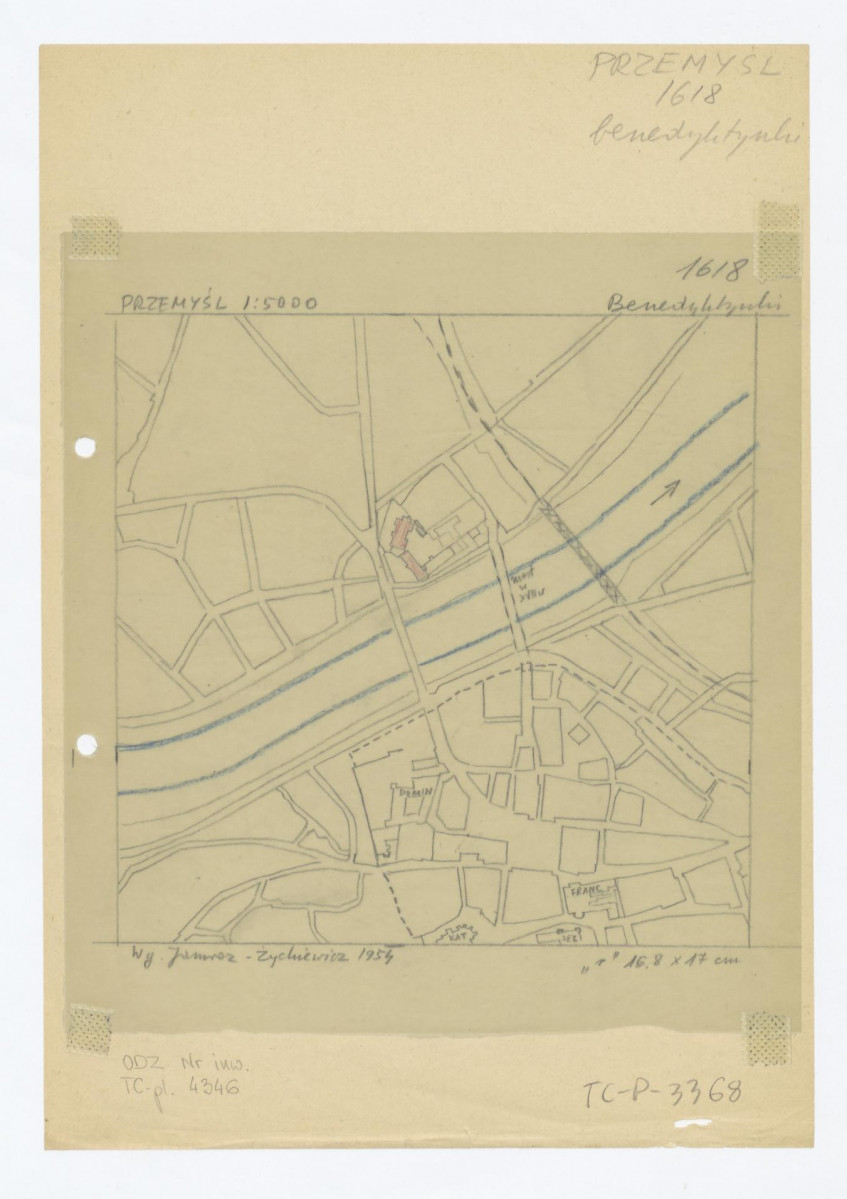 plan sytuacyjny fragmentu miasta z klasztorem s.s. Benedyktynek /według Jamroz - Żychiewicz 1954 rok/, skan 1
