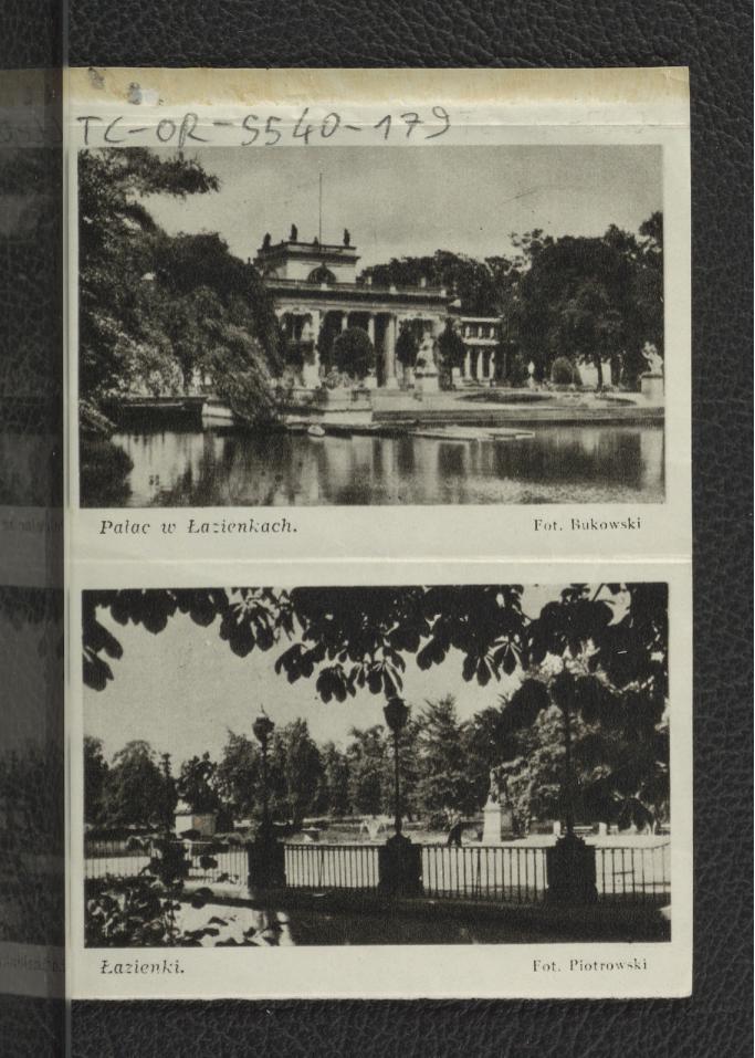 reprodukcja fotografii czarno-białych ukazujących Pałac na Wodzie od południowego zachodu (Bukowski) oraz fragment parku (Piotrowski), skan 1