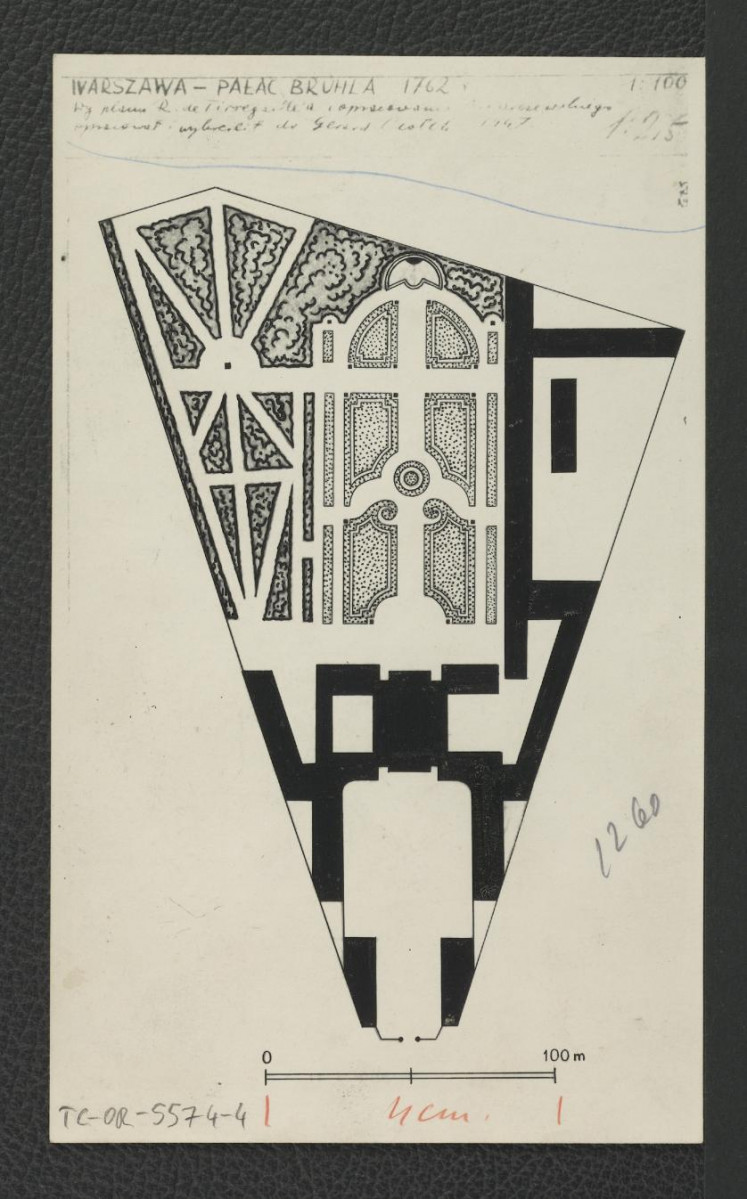 dwie karty z Ciołek G., Ogrody polskie, Warszawa 1954, s. 82 zawierające plan ogrodu Brühla w 1760-1761 oraz fotografia czarno-biała i druk przedstawiające Pałac Brühla według planu z 1762 r. opracowanego przez G. Ciołka, skan 1