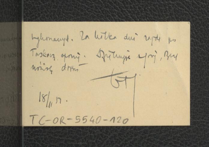 wizytówka prof. Władysława Tatarkiewcza wraz z notatką z 18 listopada 1957 r.  , skan 1