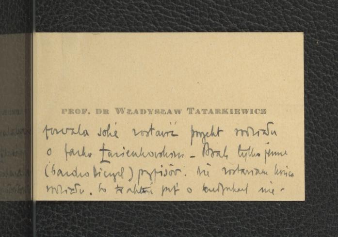 wizytówka prof. Władysława Tatarkiewcza wraz z notatką z 18 listopada 1957 r.  , skan 2