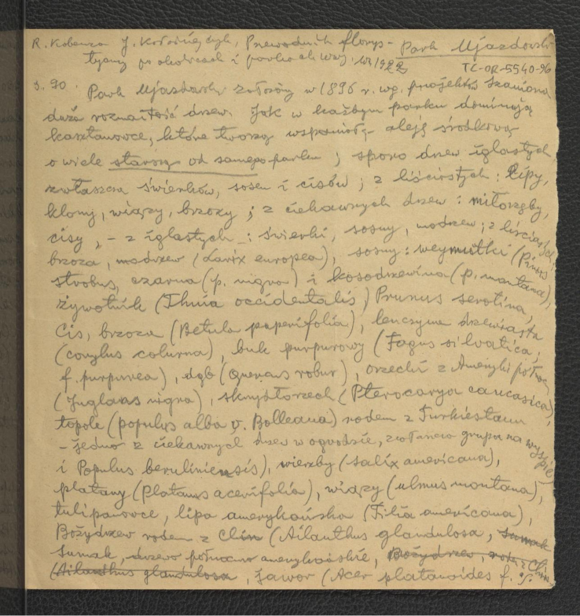 wypis z Kobenza R., Kołodziejczyk J., Przewodnik florystyczny po okolicach i parkach Warszawy, Warszawa 1922, s. 90 dotyczący roślinności w Parku Ujazodwskim założonym w 1896 r. , skan 1