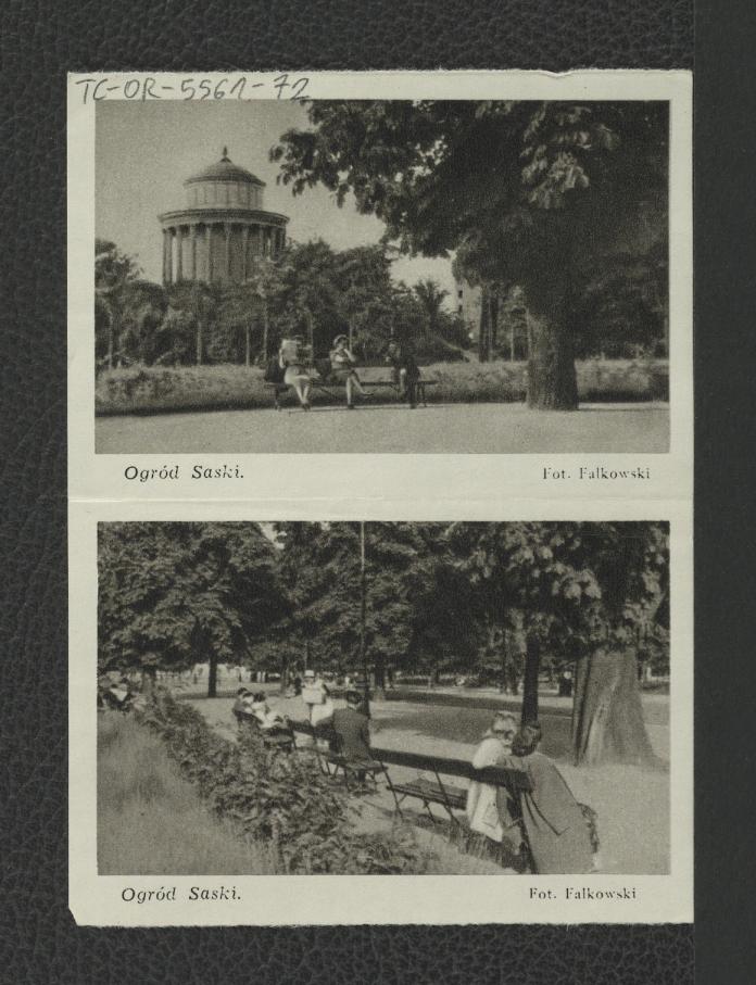 wycinki zawierające reprodukcje dwubarwnych fotografii autorstwa m.in. Falkowskiego i H. Poddębskiego ukazaujących widok na wodozbiór Zakład Architektury Polskiej projektowany przez H. Marconiego w 1854 r. oraz ogród saski; cztery karty , skan 4