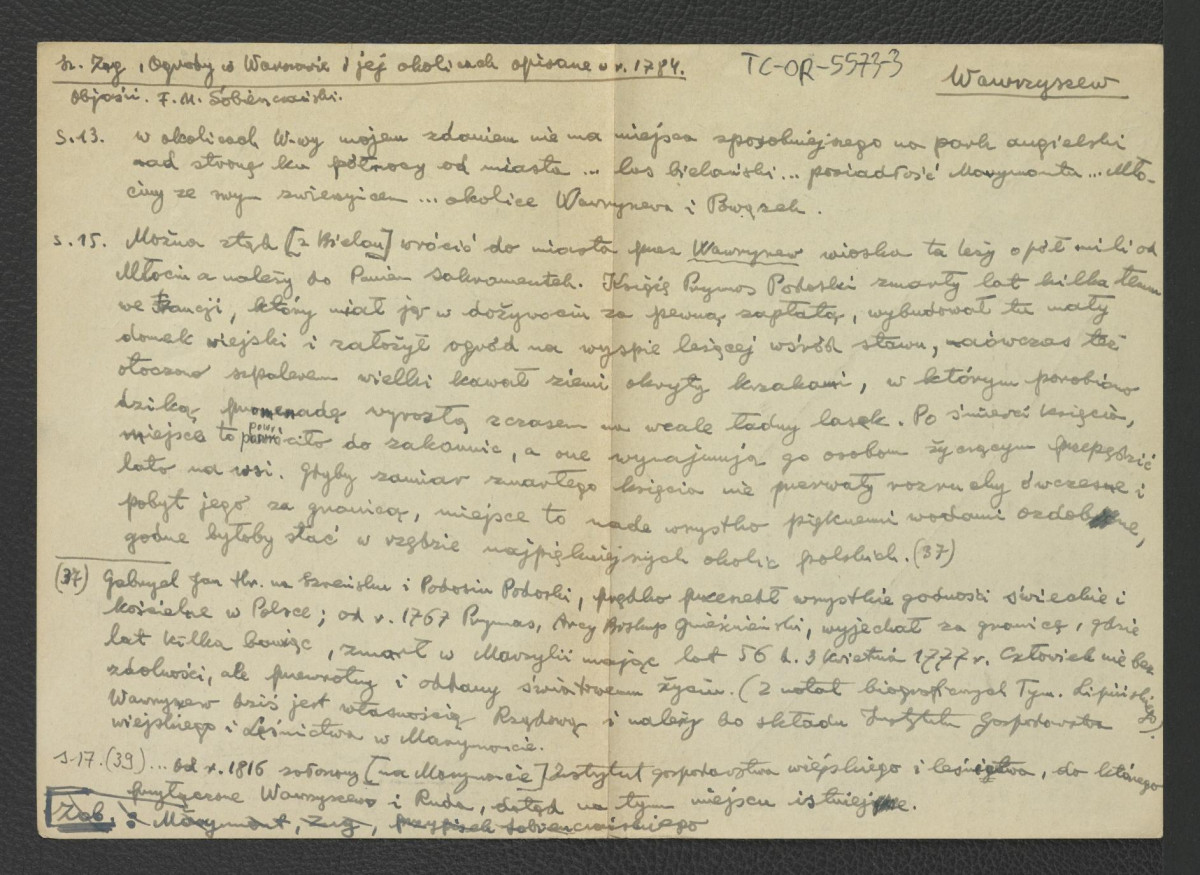wypis z Zug S., Ogrody w Warszawie i jej okolicach opisane w 1784, Warszawa 1898, s. 13, 15 i 37, 39 zawierający opinię dotyczącą możliwości założenia parku angielskiego na opisywanych obszarach tamtejszej wioski oraz jej właścicieli                                              , skan 1