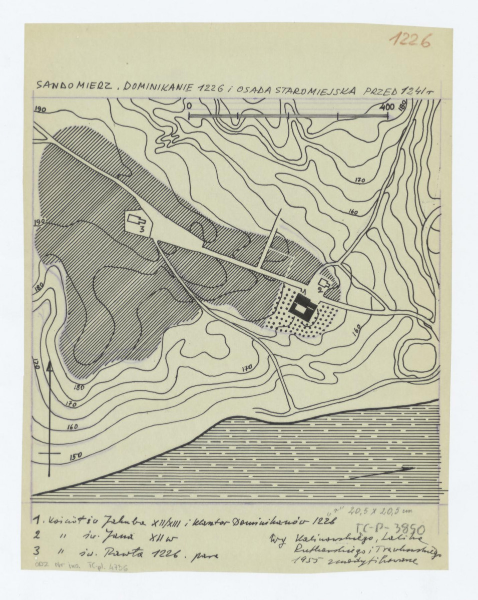 plan sytuacyjno - wysokościowy osady staromiejskiej przed 1241 rok /według Kalinowskiego, Lalika, Rutkowskiego i Trawkowskiego 1955 zmodyfikowane/, skan 1