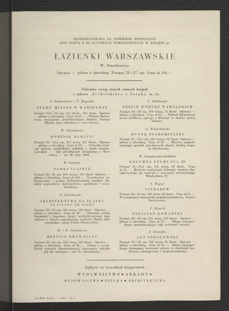 barwna reprodukcja fotografii czarno-białej zamieszczonej w Tatarkiewicz W., Łazienki warszawskie, Warszawa 1957, a ukazującej fragment miejscowego parku , skan 2