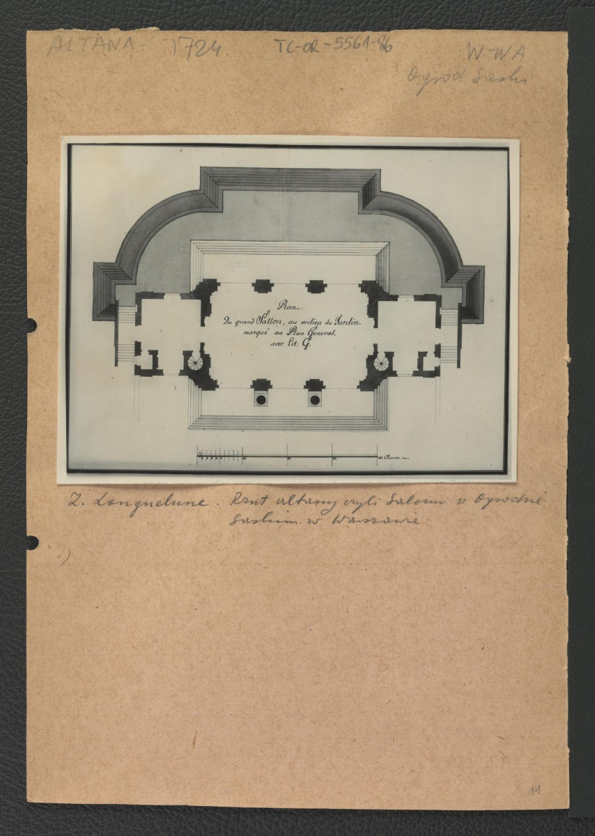 fotografia czarno-biała przedstawiająca rzut przyziemny Pałacu Saskiego ukazującego rzut altany czyli Salon w Ogrodzie Saskim, skan 1