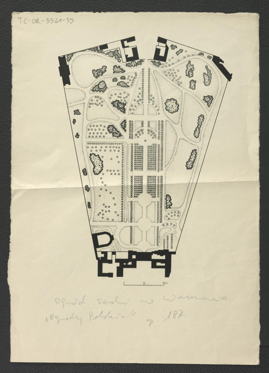 plan Ogrodu Saskiego z 1737 r. według planu A Karczewskiego opracowanego przez G. Ciołka oraz wykorzystany w Ciołek G., Ogrody polskie, Warszawa 1954, s. 70 , skan 3