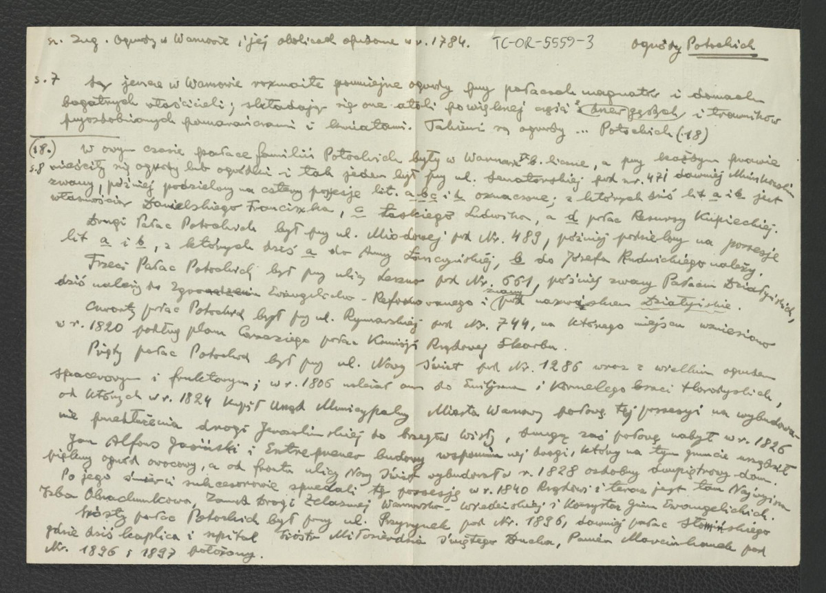 wypis z Zug S., Ogrody w Warszawie i jej okolicach opisane w 1784, Warszawa 1898, s. 7, 8 i 18 dotyczący pięciu tamtejszych pałaców należących do rodziny Potockich , skan 1