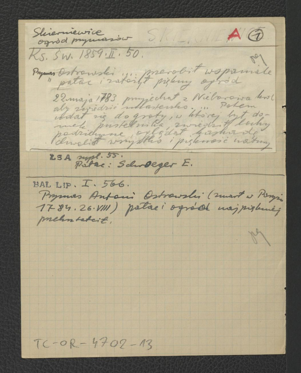wypis z „Księga Świata”, red. Jenike L., t. II (1856), s. 50 dotyczący przebudowy miejscowego pałacu z inicjatywy prymasa Antoniego Kazimierza Ostrowskiego; Łoza S., Słownik architektów i budowniczych Polaków oraz cudzoziemców w Polsce pracujących, Warszawa 1931, s. 302 wzmiankujący architekta E. Schroegera zaangażowanego podczas prac przy miejscowej posesji; Baliński M., Lipiński T., Starożytna Polska pod względem historycznym, jeograficznym i statystycznym, t. I, Warszawa 1885, s. 566 wzmiankujący prymasa Antoniego Kazimierza Ostrowskiego, inicjatora przebudowy miejscowego pałacu , skan 1