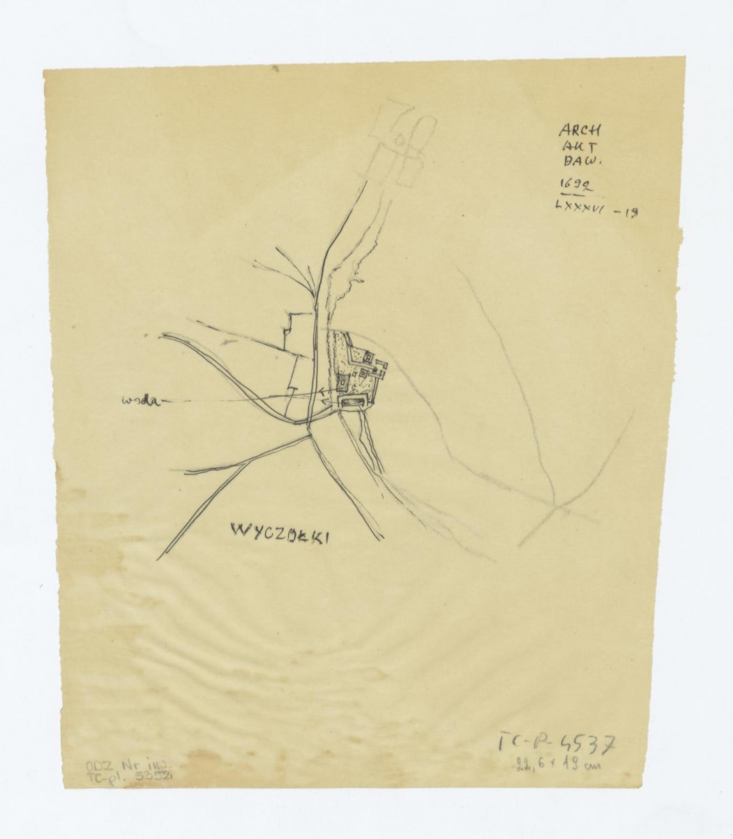 Wyczółki - szkicowy plan dzielnicy z zaznaczeniem ogrodu. Przerys z Archiwum Akt Dawnych 1692 LXXXVI - 19, skan 1