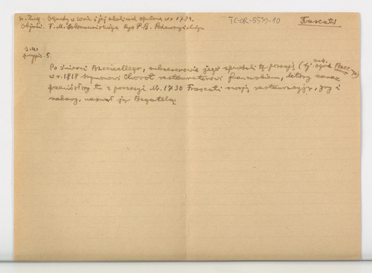 wypisy z Zug S., Ogrody w Warszawie i jej okolicach opisane w 1784, Warszawa 1898, s. 4-11, 41 (?) dotyczący miejscowej posesji należącej do Kazimierza Poniatowskiego; pięć kart  , skan 1