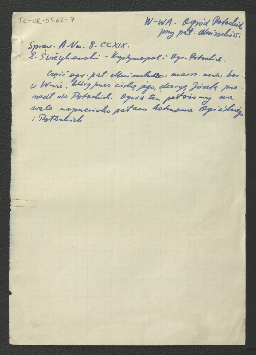 sprawozdania A. Nm. 8 CCXIX; Śmiejkowski Z., Krytynopol i ogród Potockich dotyczący części ogrodów pałacowych Jerzego Mniszcha, marszałka nadwornego koronnego usytuowanych na wale naprzeciwko pałacu hetmana Ogińskiego i Potockich , skan 1
