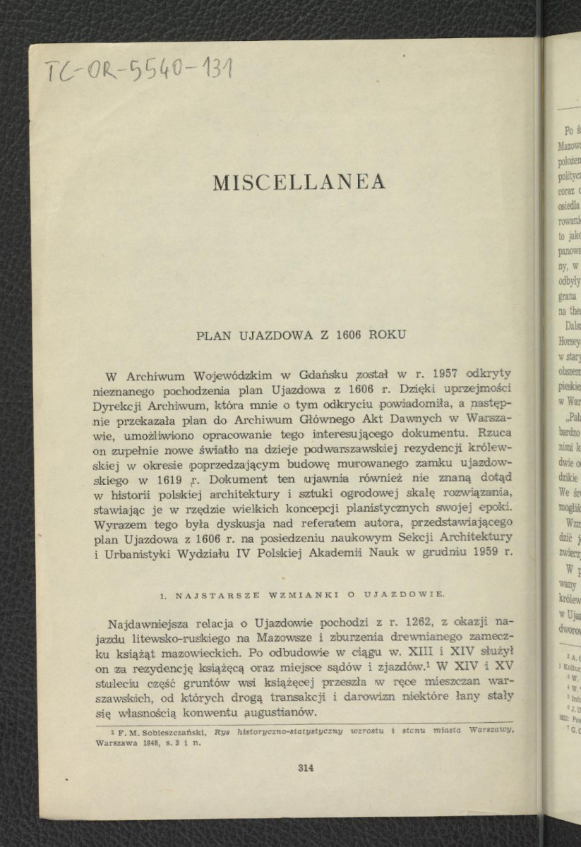 fragment tekstu pt. Miscelanea dotyczący planu Ujazdowa z 1606 r. – całość w Księgozbiorze Ciołka poz. 494, 495, 502; cztery karty, skan 1