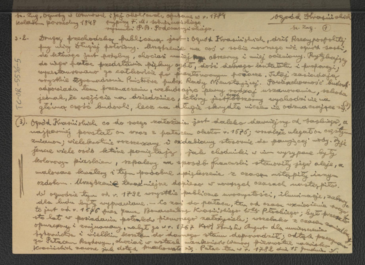 wypis z Zug S., Ogrody w Warszawie i jej okolicach opisane w 1784, Warszawa 1898 oraz prawdopodobnie kalendarza powszechnego z 1848 r. dotyczący tamtejszego ogrodu, pałacu oraz dziejów posesji, skan 1