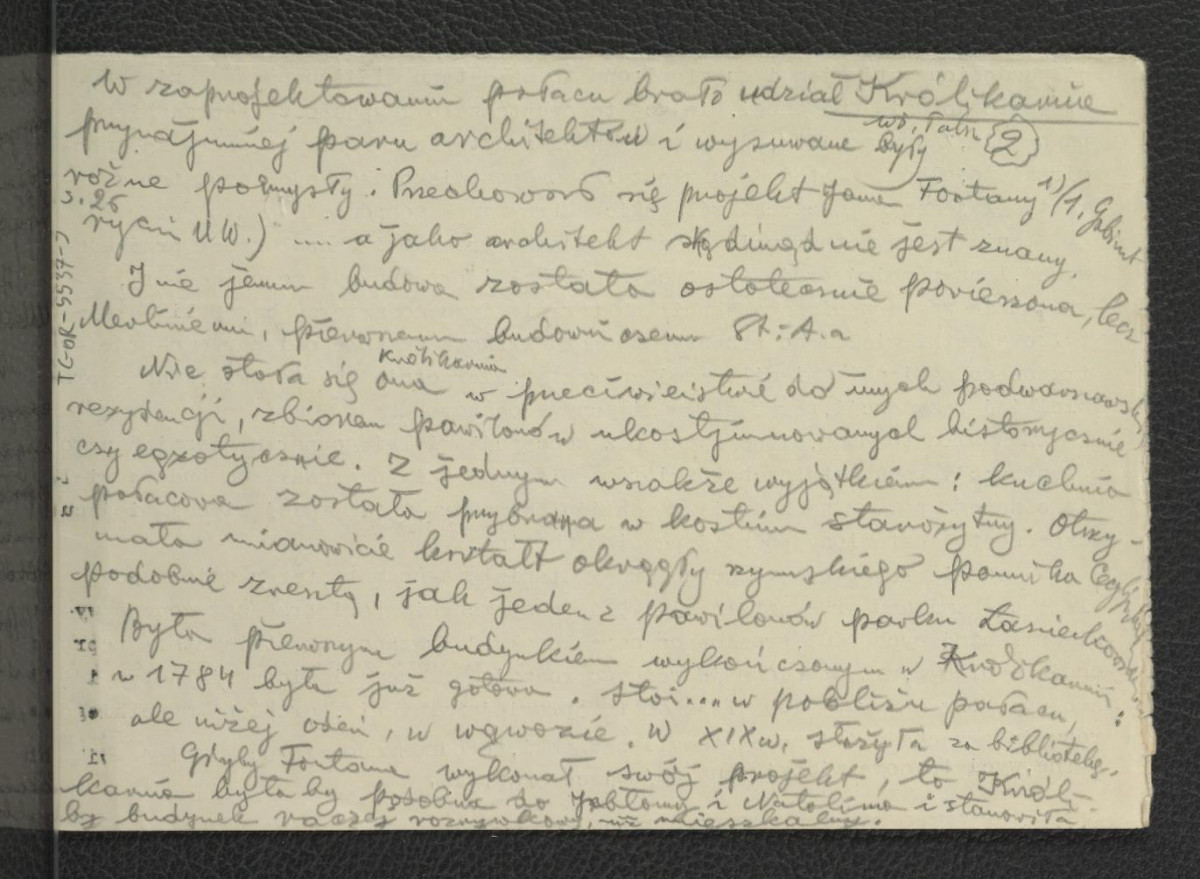 wypis prawdopodobnie z Zug S., Ogrody w Warszawie i jej okolicach opisane w 1784, Warszawa 1898, s. 26 wzmiankujacy udział co najmniej kilku architektów w zaprojektowaniu miejscowego pałacu , skan 1