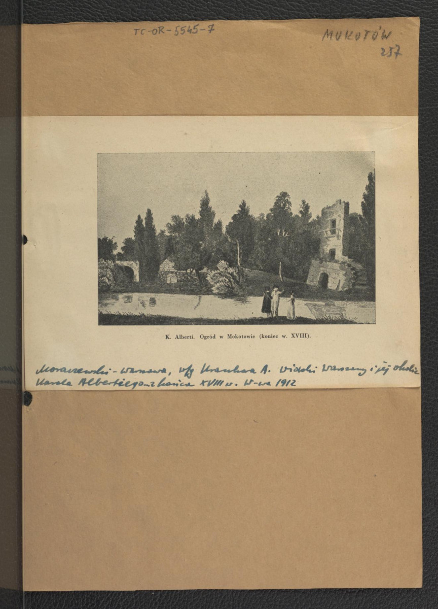 wycinek z Moraczewski, Warszawa według Krakauera; A. Widoki Warszawy i jej okolice Karola Albertiego… z końca XVIII w., Warszawa 1912 zawierający reprodukcje obrazu K. Albertiego ukazującego ogród w Mokotowie , skan 1