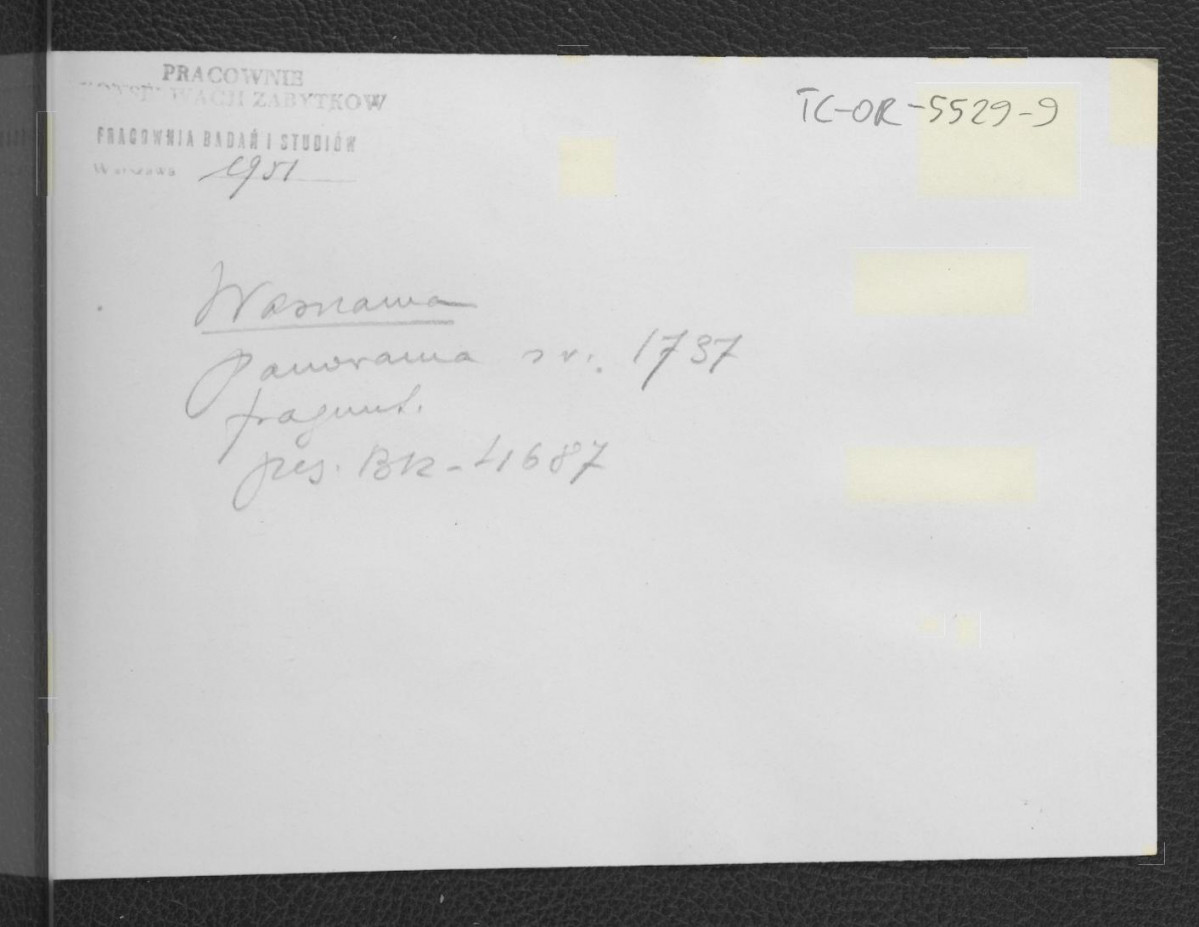 fotografia czarno-biała reprodukcji ryciny ukazującej fragment panoramy Warszawy z 1737 r., skan 2
