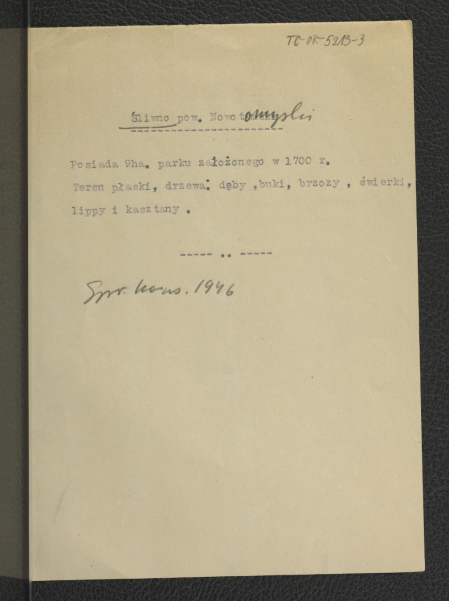 wypis ze Sprawozdania Konserwatorskiego z 1946 r. dotyczący uwarunkowań miejscowego parku, skan 1