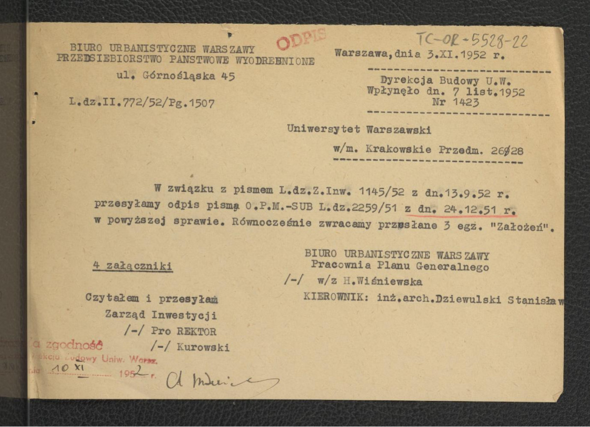 2 odpisy zawiadomienia z 3 listopada 1952 r. ze strony Pracowni Planu Generalnego Biura Urbanistycznego Warszawy dla Uniwersytetu Warszawskiego o przesłaniu odpisu pism w sprawie Założeń projktowych dla terenów tej uczelni , skan 1